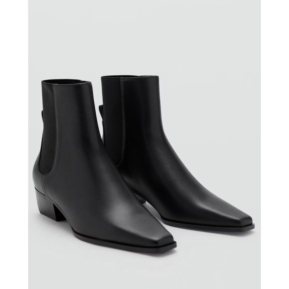 MANGO MNG Leather Square Toe Bootie In Black Size 39/8.5 NWOB